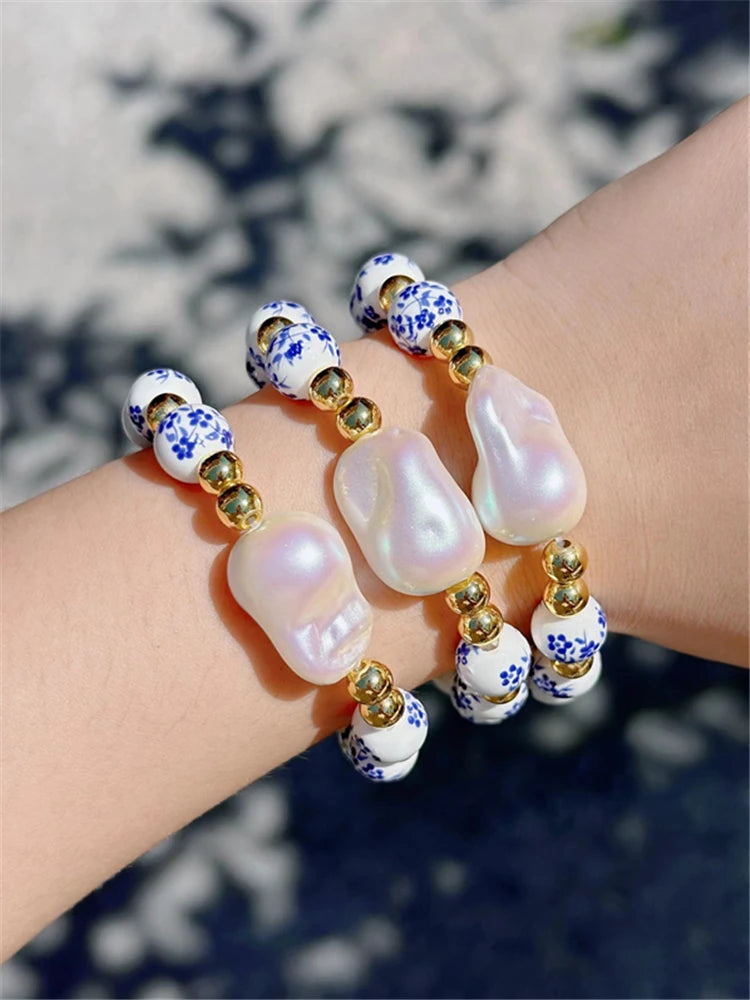 Imitation Baroque Pearl Bracelet Elastic Rope Fashion Simple Beaded Blue and White Porcelain Bracelet s Jewelry Accessories