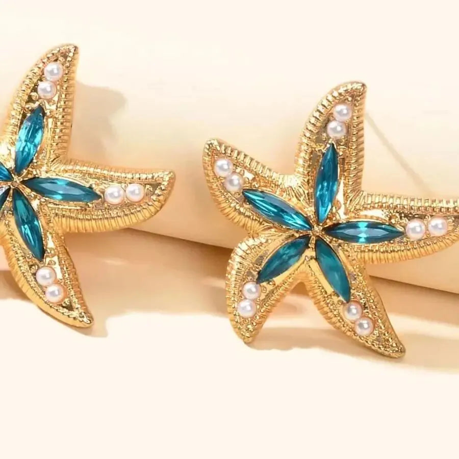 Obega Candy Starfish Charms Dangle Stud Earrings Metal Epoxy Pendant Ear Stud Green Crystal Stone Beach Charms Jewelry For Woman