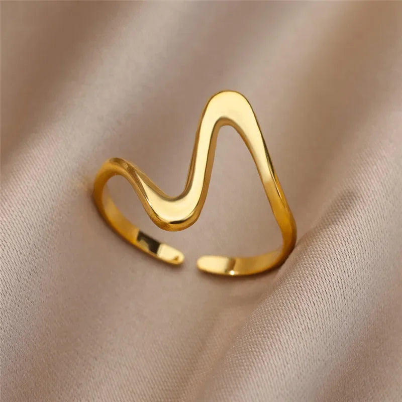 Vintage Geometric wave Rings ForWomen stainless steel Gold colorAdjustable Rock Ring Aesthetic weddingJewelry Gift bijoux