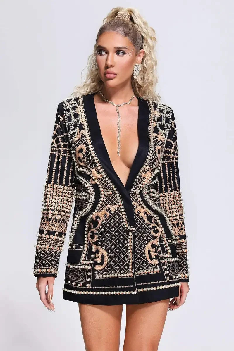 Blazer Dress Bellavé Gold – Pearl Beaded Paisley Pattern