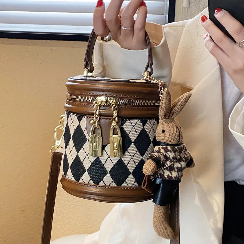 Vintage Bucket Handbag with Bunny Keychain