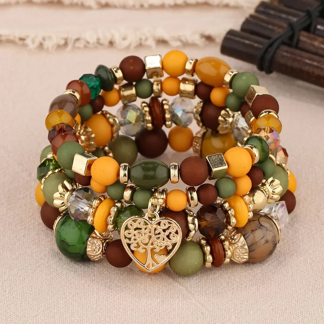 4Pcs Tree of Life Heart Bracelet Set For Women Acrylic Glass Beads Chain Elastic Bangle Female Fashion Party Jewelry