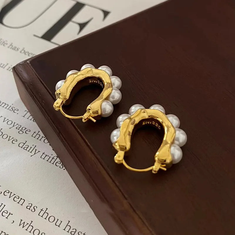 Stylish U-shaped Hoop Earrings Gold Color Elegant Imitation Pearl Earrings Wedding Party Girls Luxury Accessories Women's Gifts