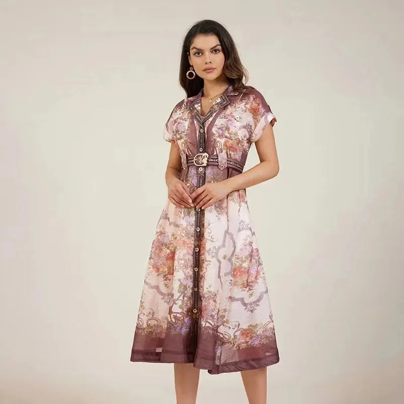 3-Color French Style Collar Printing Dress With Belt Beach Vacation Casual Dresses Autumn Fashion Taconic High Waist