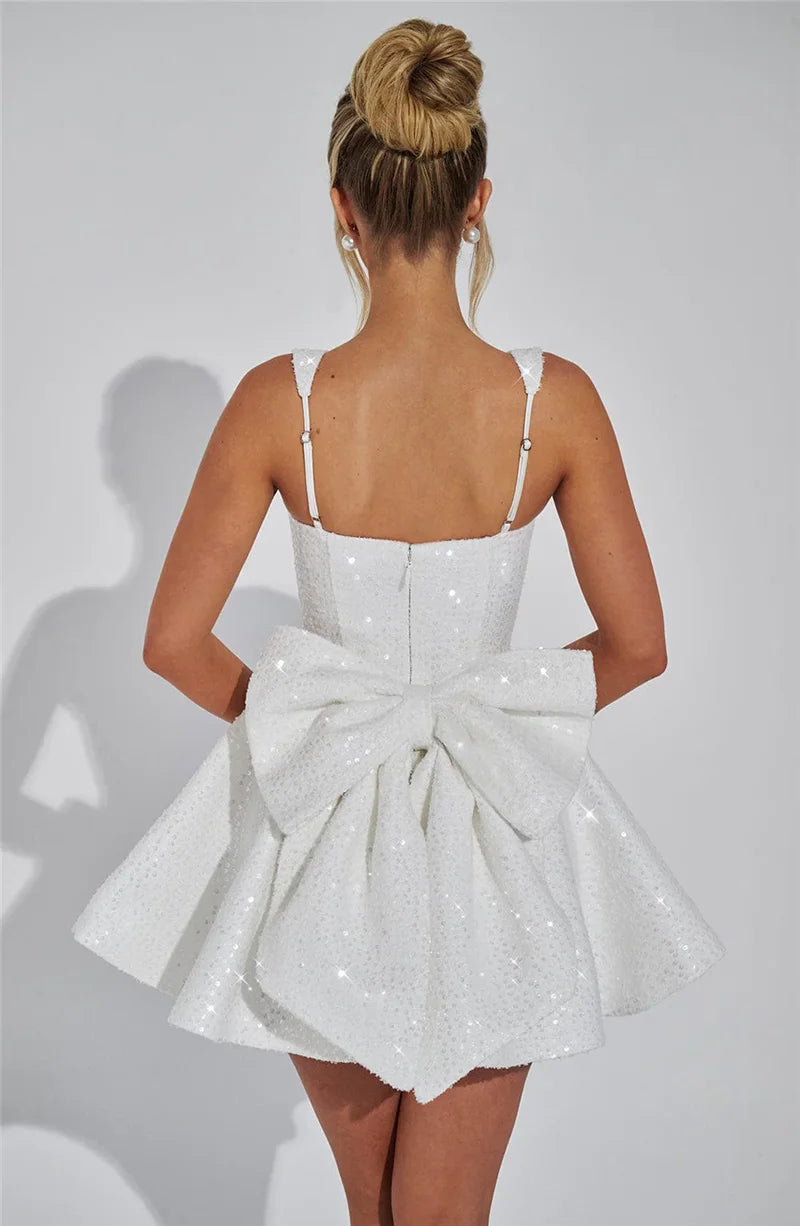 Mozision Sequins Bow Backless Sexy Mini Dress For Women Robe Fashion Square Collar Sleeveless High Waist A-line Club Dress