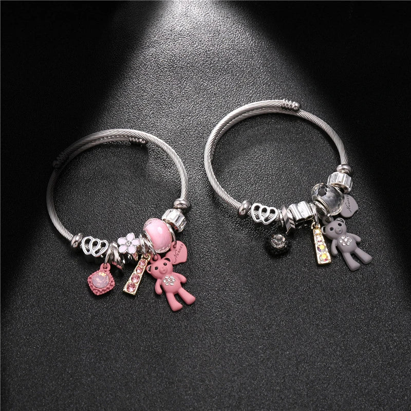 Fashion Bracelets & Bangles Stainless Steel DIY Jewelry Big Pink Bear Pendant Hearts Love Women's Bracelet Cuff Charms Pulseras