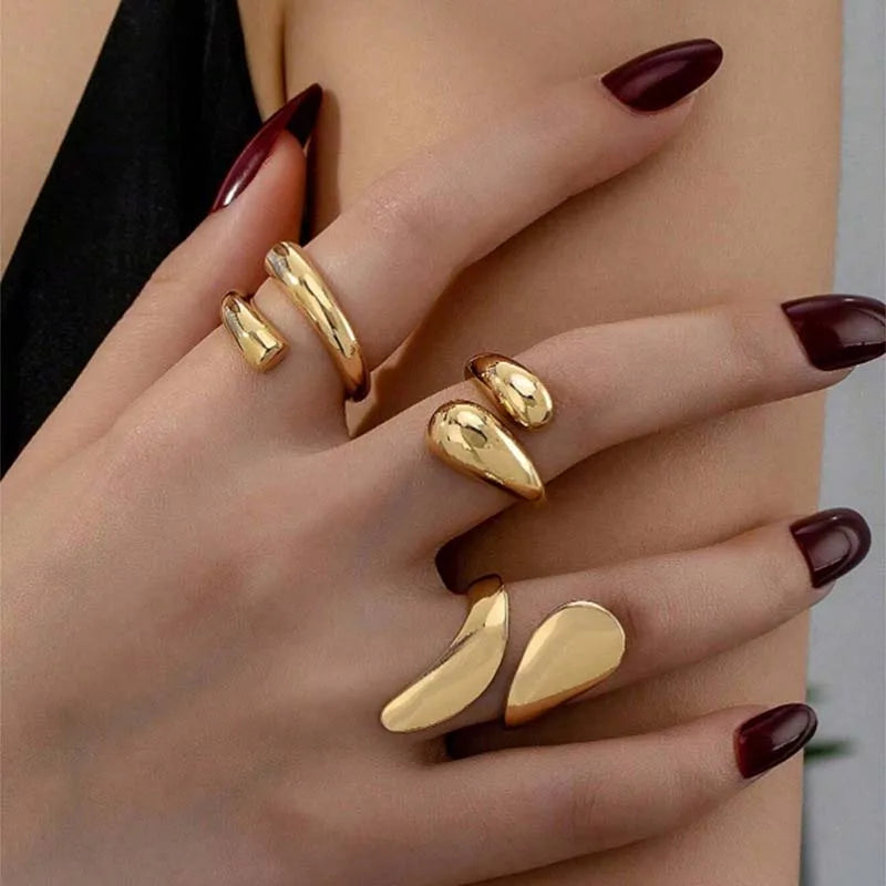 3Pcs/Set Vintage Gold Color Water Drop Rings for Women Fashion Creative Metal Smooth Geometric Adjustable Open Ring Jewelry