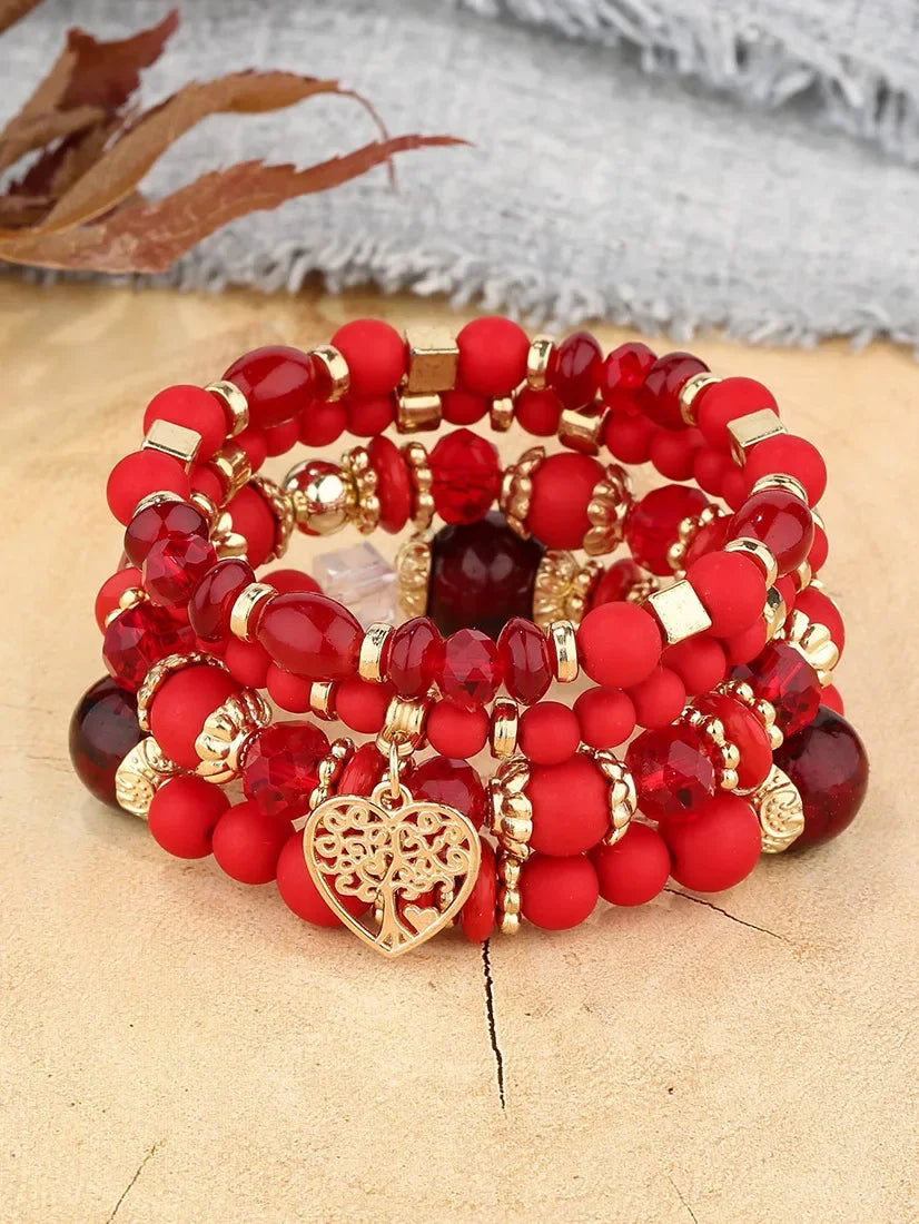 4Pcs Tree of Life Heart Bracelet Set For Women Acrylic Glass Beads Chain Elastic Bangle Female Fashion Party Jewelry