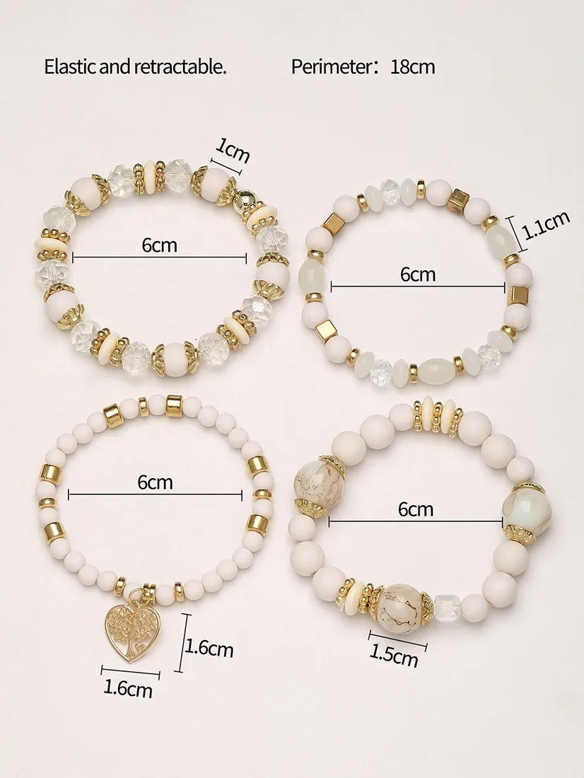 4Pcs Tree of Life Heart Bracelet Set For Women Acrylic Glass Beads Chain Elastic Bangle Female Fashion Party Jewelry