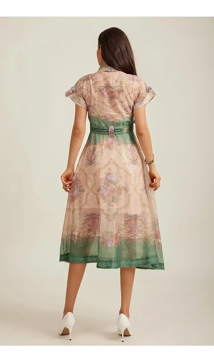 3-Color French Style Collar Printing Dress With Belt Beach Vacation Casual Dresses Autumn Fashion Taconic High Waist