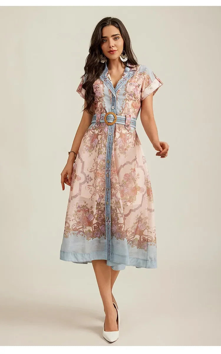 3-Color French Style Collar Printing Dress With Belt Beach Vacation Casual Dresses Autumn Fashion Taconic High Waist