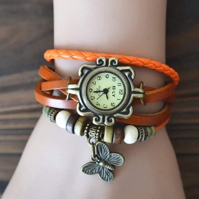 Vintage Leather Hand Woven Women's Watch Antique Copper Thin Strap Bracelet Women's Pendant Watch Exquisite Trendy Quartz Watch