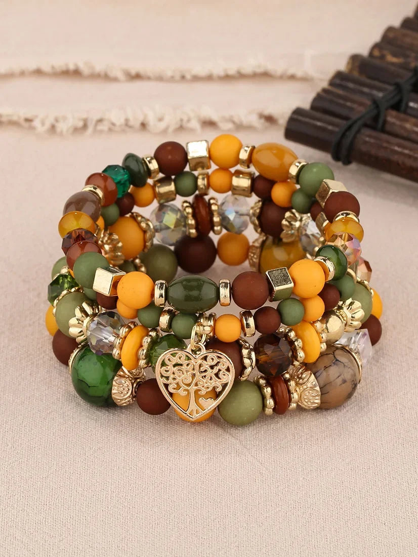 4Pcs Tree of Life Heart Bracelet Set For Women Acrylic Glass Beads Chain Elastic Bangle Female Fashion Party Jewelry