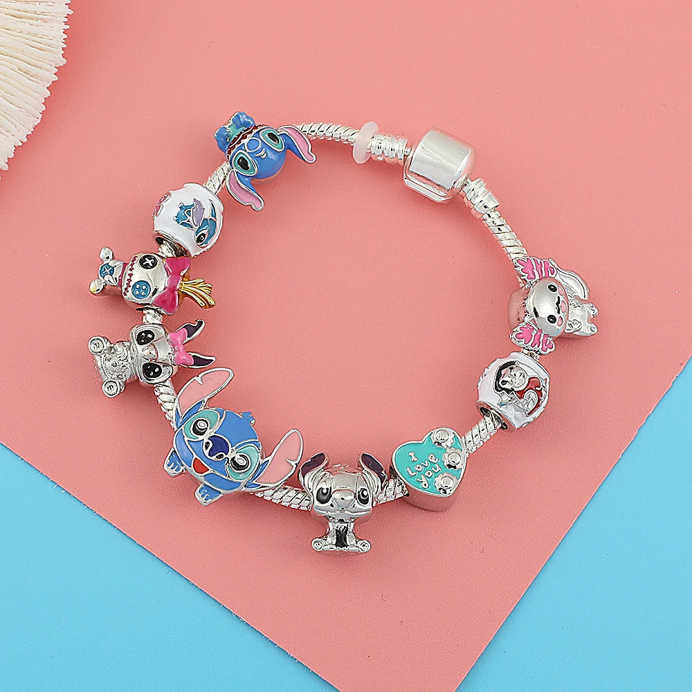 Disney Beaded Bracelet Lilo And Stitch Cartoon Cute Metal Charms Bangle DIY Beads Chain Jewelry Gifts Accessories For Women Kids