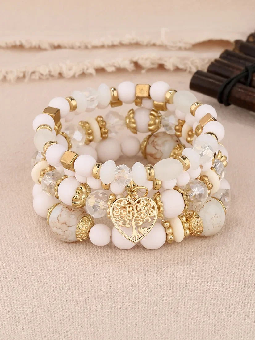 4Pcs Tree of Life Heart Bracelet Set For Women Acrylic Glass Beads Chain Elastic Bangle Female Fashion Party Jewelry