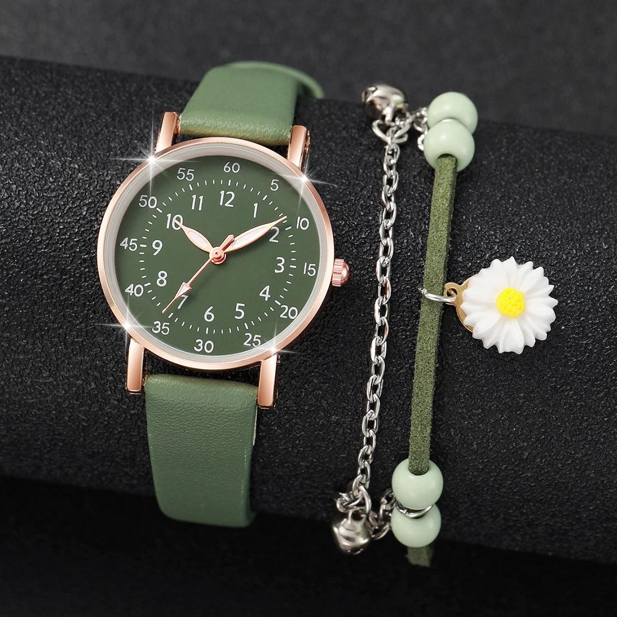 Leather Watch & Floral Bracelet Set – Elegant & Timeless Design