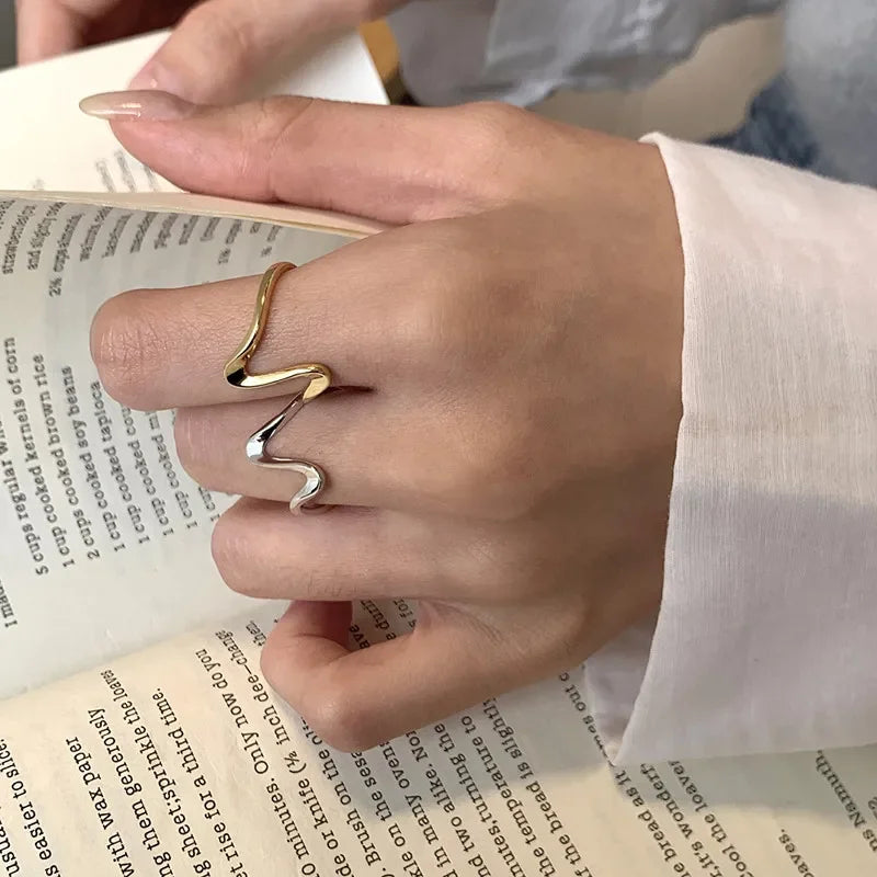 Vintage Geometric wave Rings ForWomen stainless steel Gold colorAdjustable Rock Ring Aesthetic weddingJewelry Gift bijoux