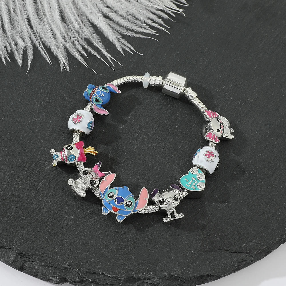 Disney Beaded Bracelet Lilo And Stitch Cartoon Cute Metal Charms Bangle DIY Beads Chain Jewelry Gifts Accessories For Women Kids