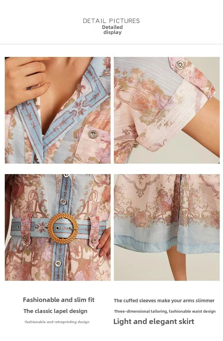 3-Color French Style Collar Printing Dress With Belt Beach Vacation Casual Dresses Autumn Fashion Taconic High Waist