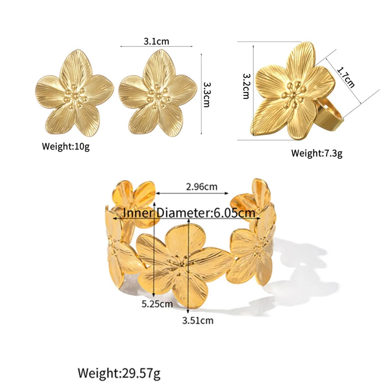 Trendy High Quality 18K Gold Plated Stainless Steel Flower Earrings Ring Bracelet For Women Waterproof Jewelry Set Gifts