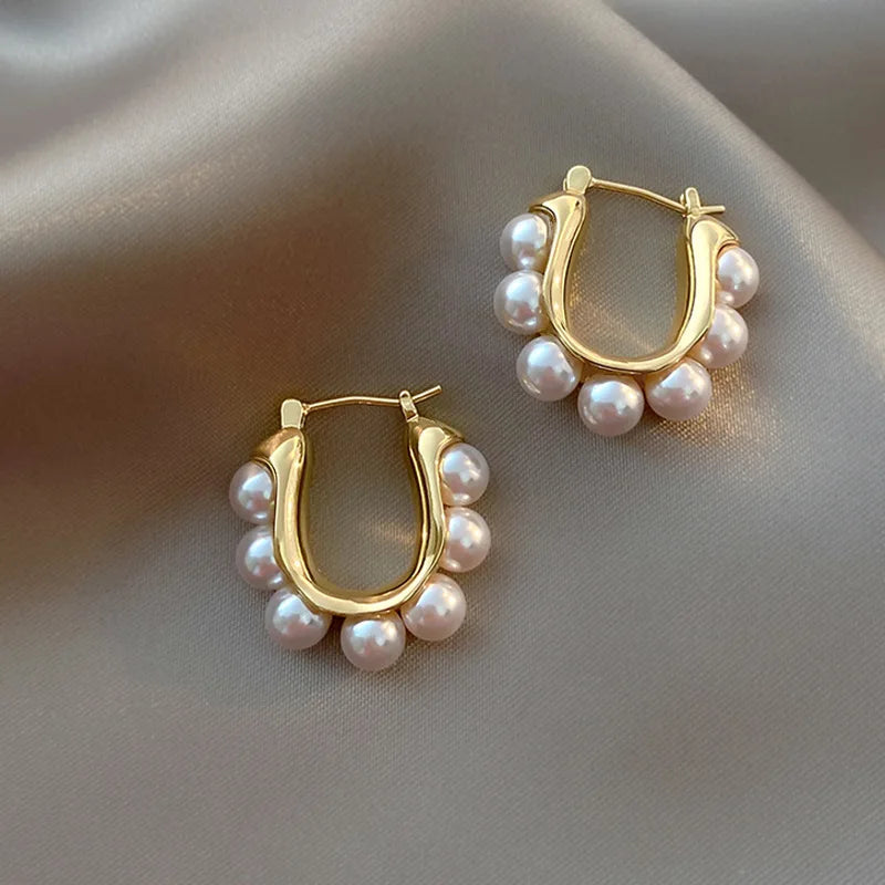 Stylish U-shaped Hoop Earrings Gold Color Elegant Imitation Pearl Earrings Wedding Party Girls Luxury Accessories Women's Gifts