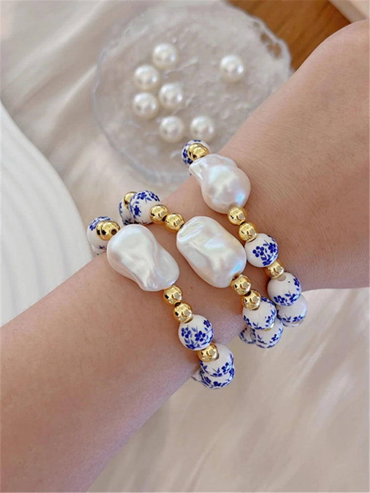 Imitation Baroque Pearl Bracelet Elastic Rope Fashion Simple Beaded Blue and White Porcelain Bracelet s Jewelry Accessories