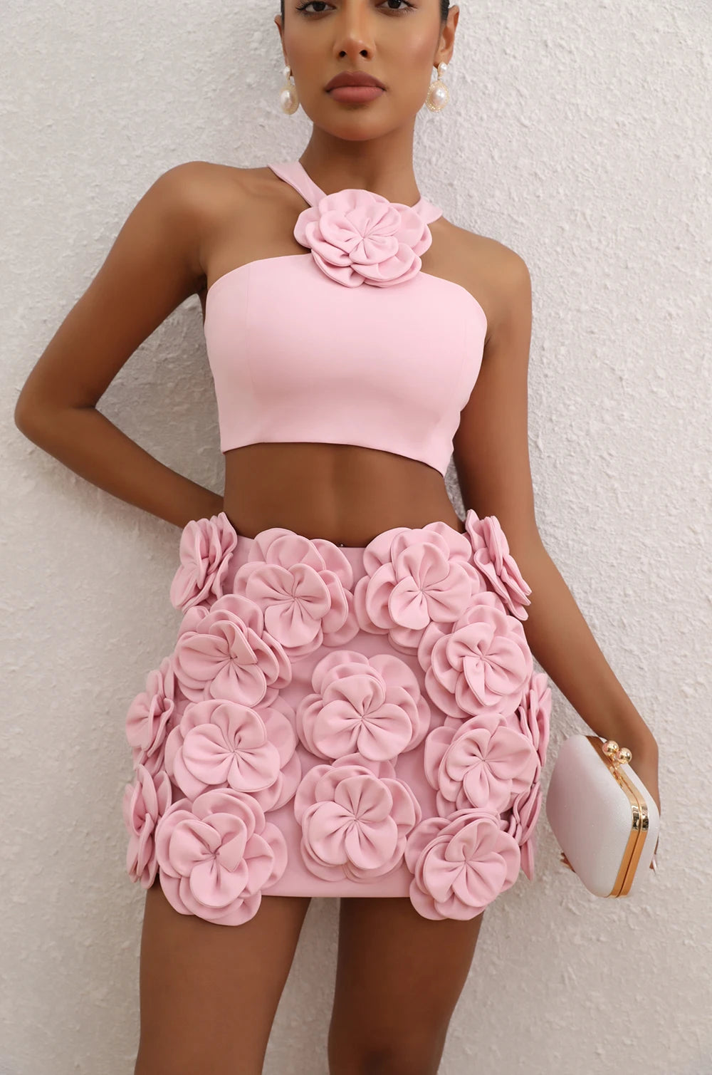 New sexy pink neck hanging backless dress, women's temperament short skirt decoration flower party dress set