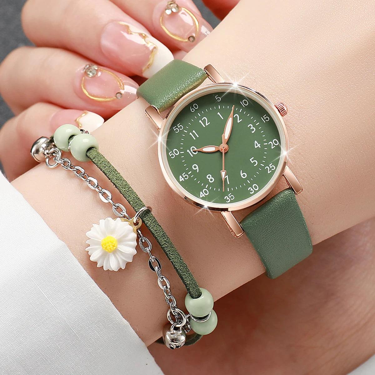 Leather Watch & Floral Bracelet Set – Elegant & Timeless Design