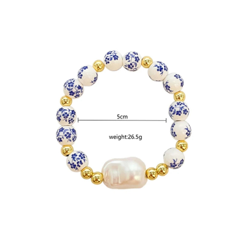 Imitation Baroque Pearl Bracelet Elastic Rope Fashion Simple Beaded Blue and White Porcelain Bracelet s Jewelry Accessories