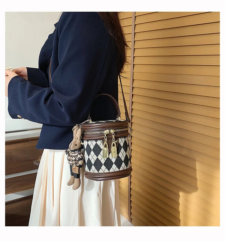 Vintage Bucket Handbag with Bunny Keychain