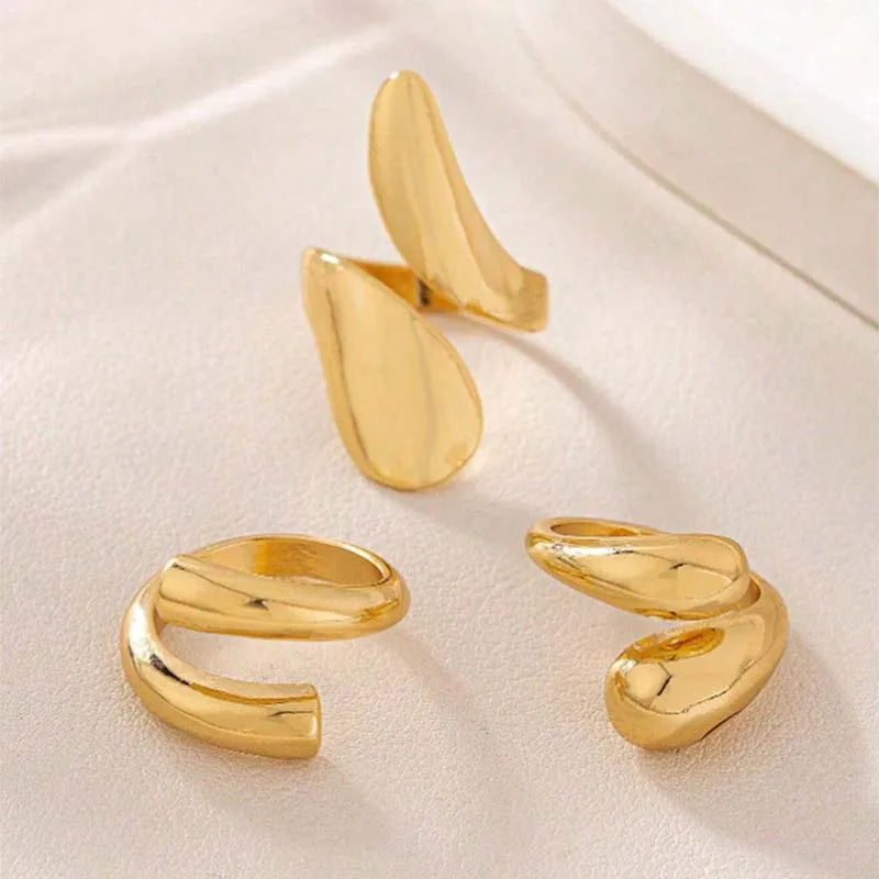 3Pcs/Set Vintage Gold Color Water Drop Rings for Women Fashion Creative Metal Smooth Geometric Adjustable Open Ring Jewelry