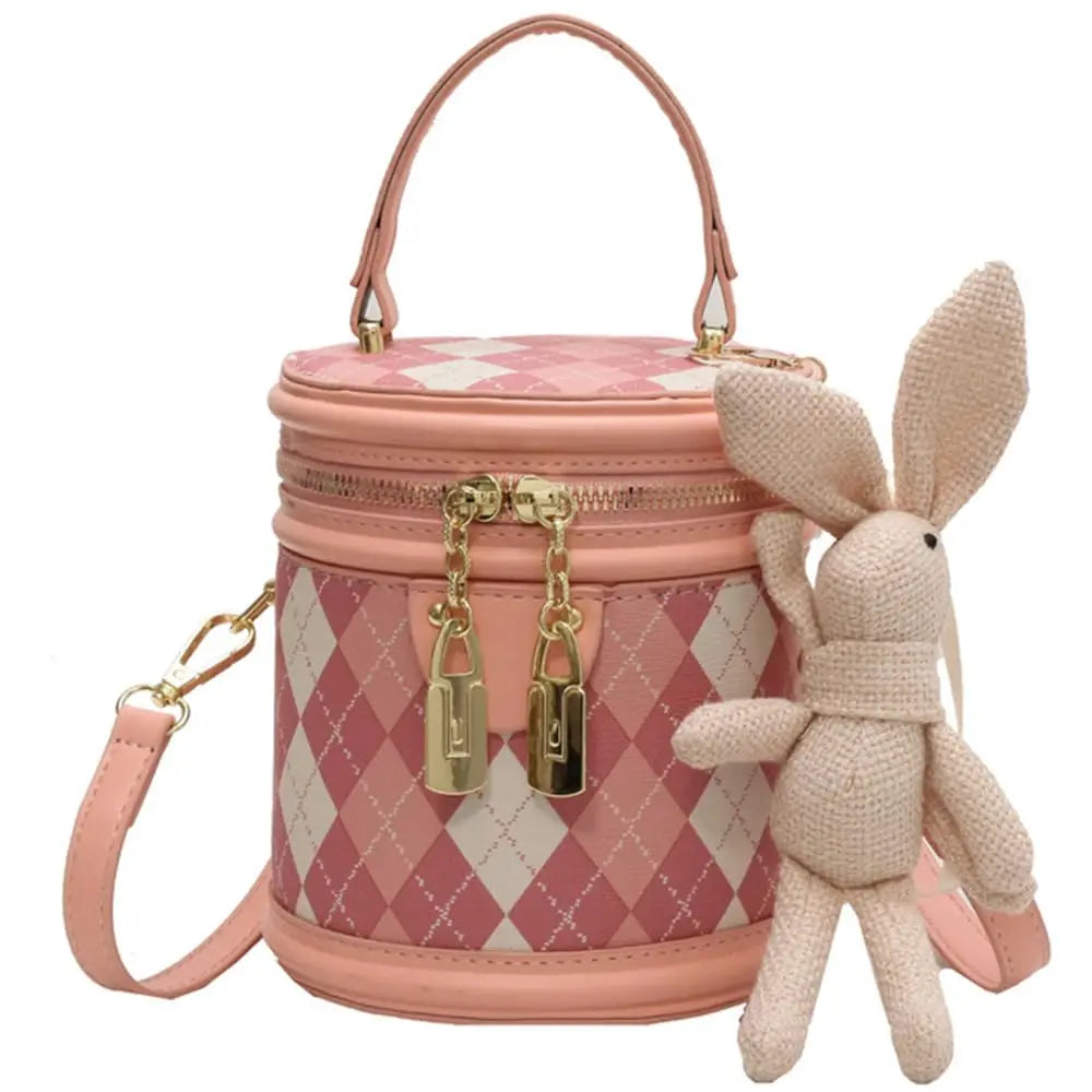 Vintage Bucket Handbag with Bunny Keychain