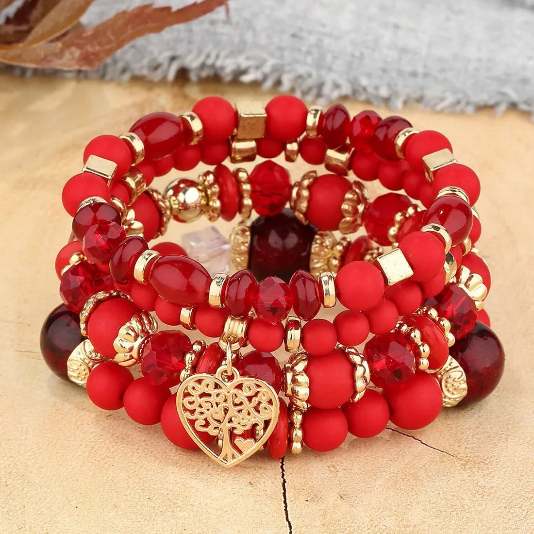 4Pcs Tree of Life Heart Bracelet Set For Women Acrylic Glass Beads Chain Elastic Bangle Female Fashion Party Jewelry