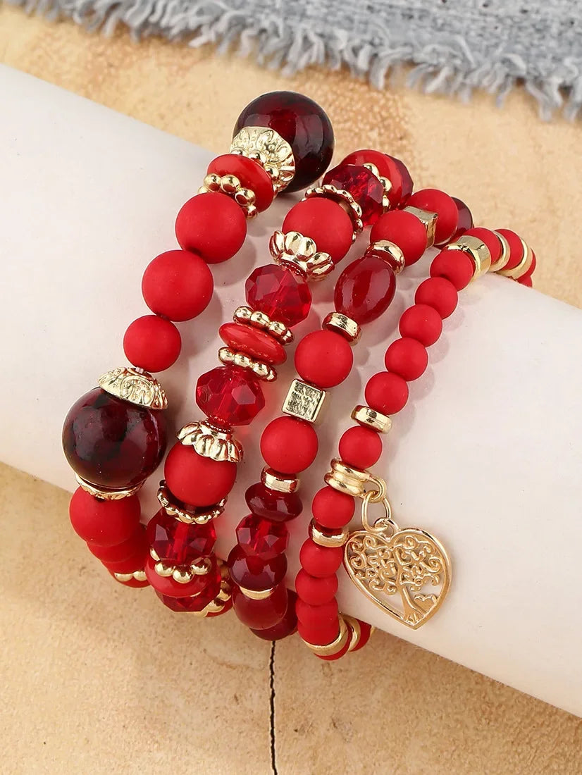 4Pcs Tree of Life Heart Bracelet Set For Women Acrylic Glass Beads Chain Elastic Bangle Female Fashion Party Jewelry