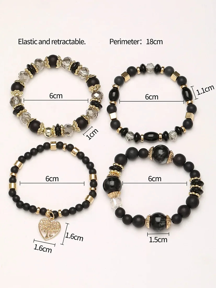 4Pcs Tree of Life Heart Bracelet Set For Women Acrylic Glass Beads Chain Elastic Bangle Female Fashion Party Jewelry