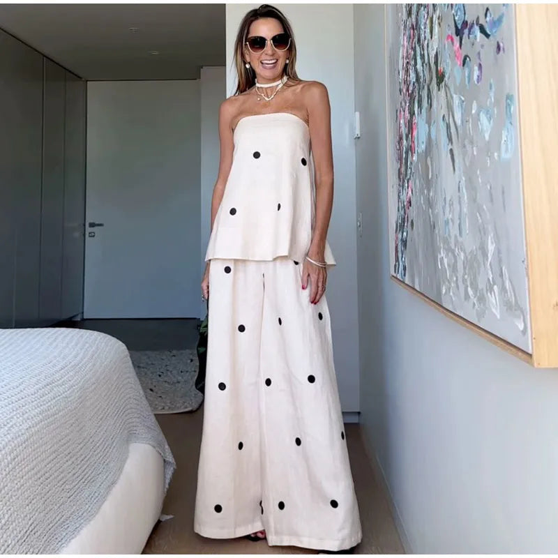 Women Fashion Polka Dot Wide Leg Pant 2 Piece Set Sexy Off Shoulder Sleeveless Vest Tops Suit 2025 New Vocation Streetwear