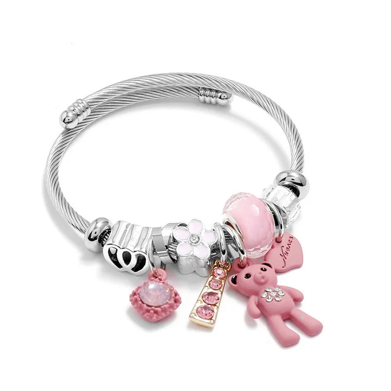 Fashion Bracelets & Bangles Stainless Steel DIY Jewelry Big Pink Bear Pendant Hearts Love Women's Bracelet Cuff Charms Pulseras