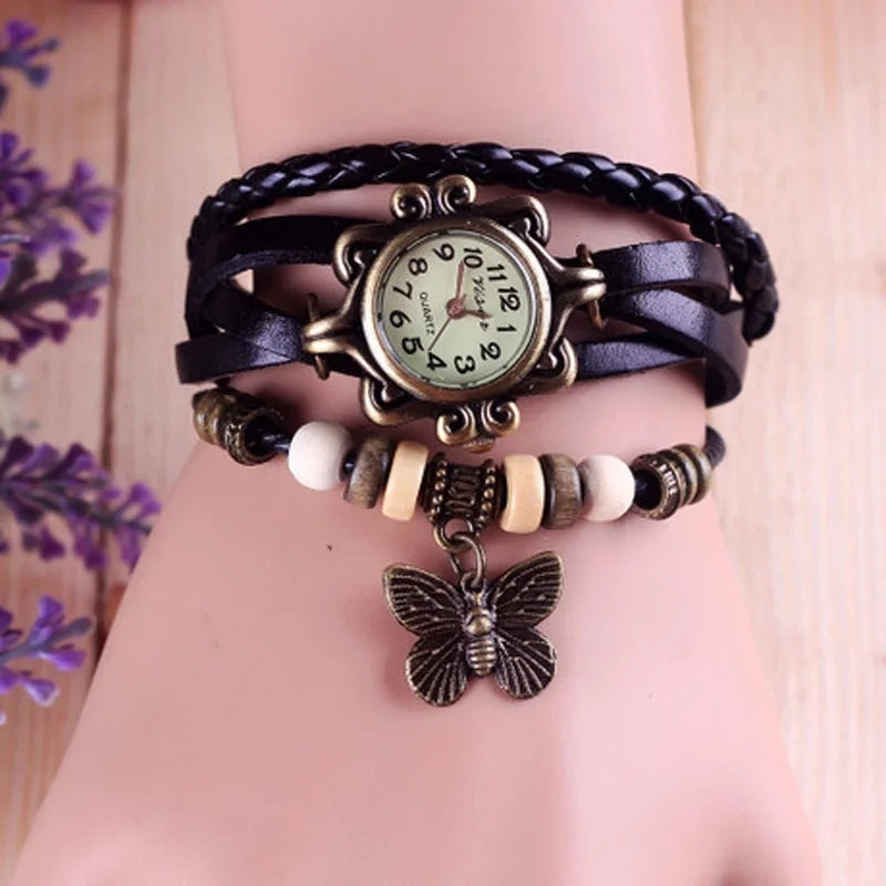 Vintage Leather Hand Woven Women's Watch Antique Copper Thin Strap Bracelet Women's Pendant Watch Exquisite Trendy Quartz Watch