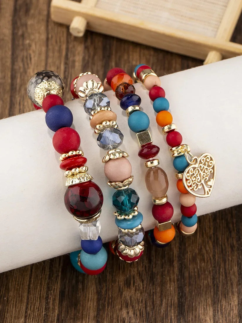 4Pcs Tree of Life Heart Bracelet Set For Women Acrylic Glass Beads Chain Elastic Bangle Female Fashion Party Jewelry