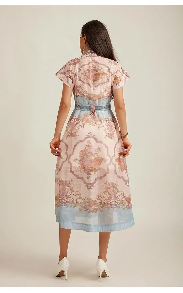 3-Color French Style Collar Printing Dress With Belt Beach Vacation Casual Dresses Autumn Fashion Taconic High Waist