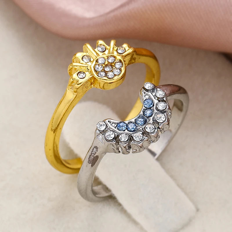 2pc/set Summer Couple Ring Set Sky Blue Sparkling Moon and Sun Ring 2023 New Women's Stackable Finger Set Engagement Jewelry