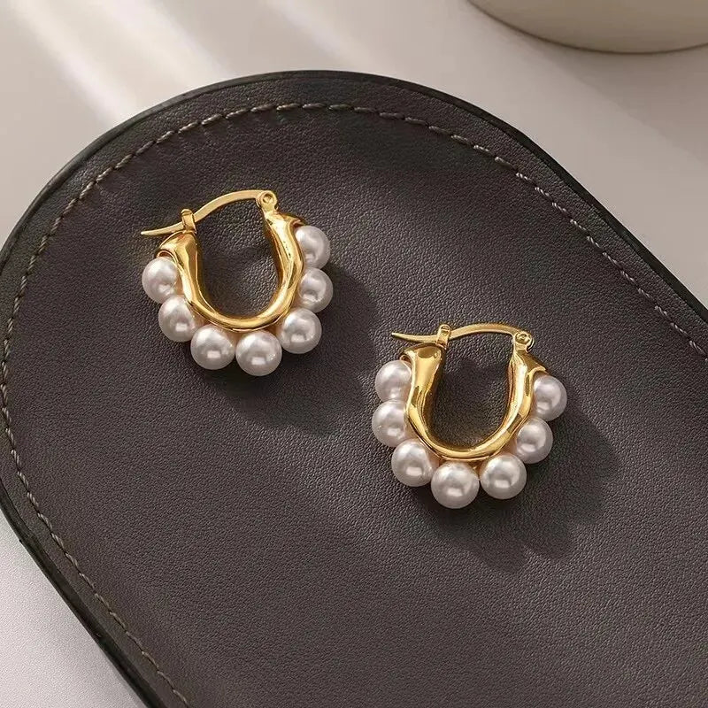 Stylish U-shaped Hoop Earrings Gold Color Elegant Imitation Pearl Earrings Wedding Party Girls Luxury Accessories Women's Gifts