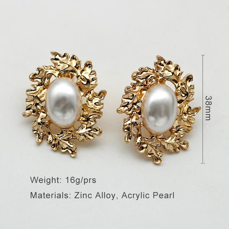 Imitation Pearl Textured Metal Earrings For Women Vintage Design Leaves Clip On Non-piercing Styles Fashion Jewelry Party MQ035