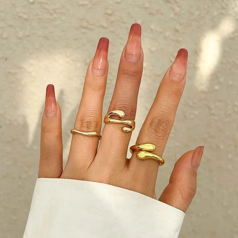 3Pcs/Set Vintage Gold Color Water Drop Rings for Women Fashion Creative Metal Smooth Geometric Adjustable Open Ring Jewelry