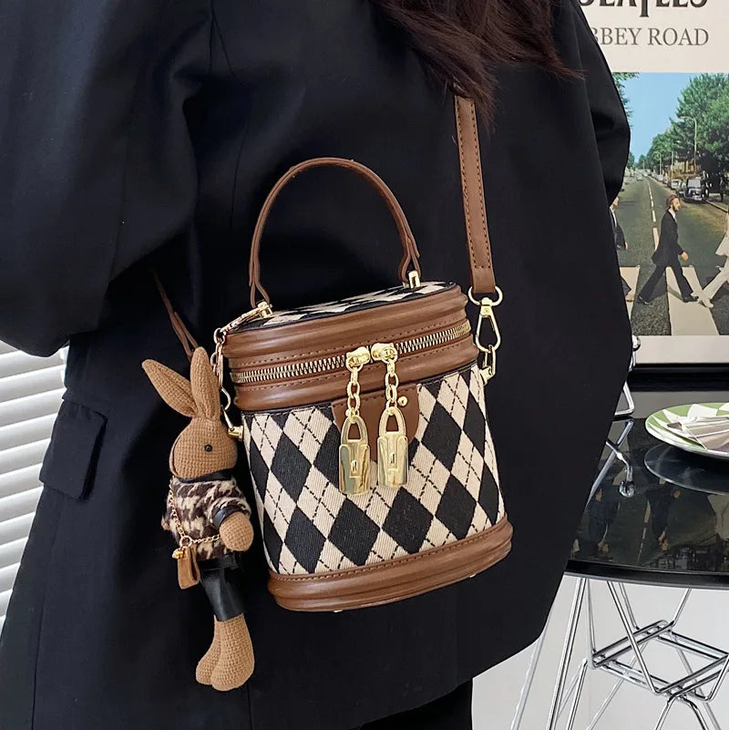 Vintage Bucket Handbag with Bunny Keychain