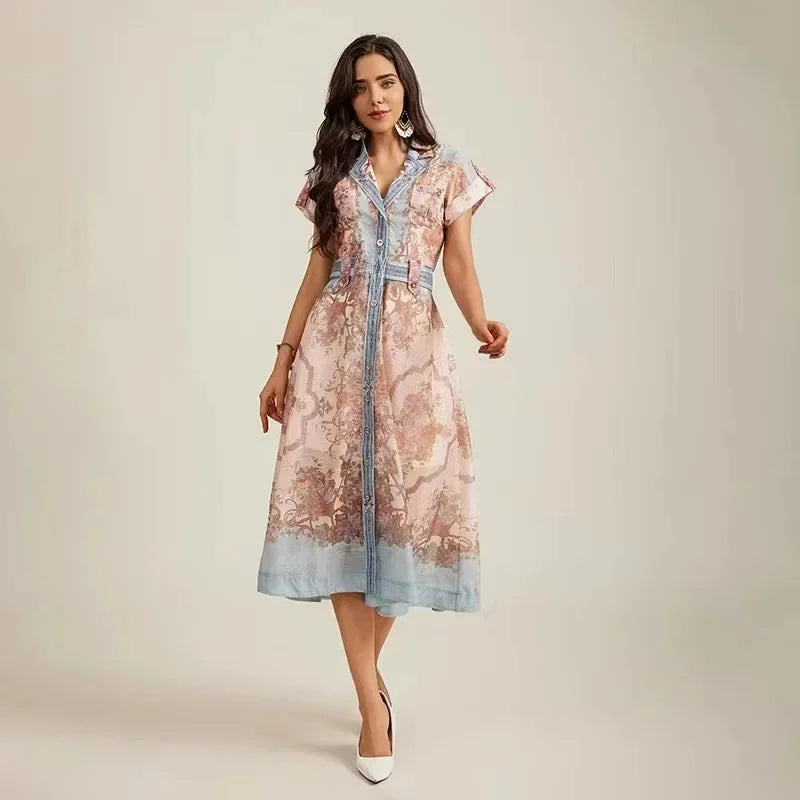 3-Color French Style Collar Printing Dress With Belt Beach Vacation Casual Dresses Autumn Fashion Taconic High Waist