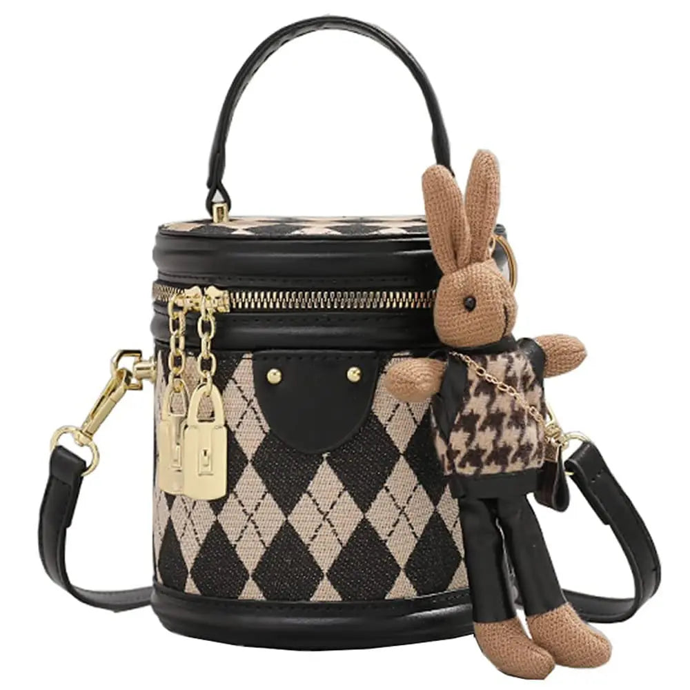 Vintage Bucket Handbag with Bunny Keychain