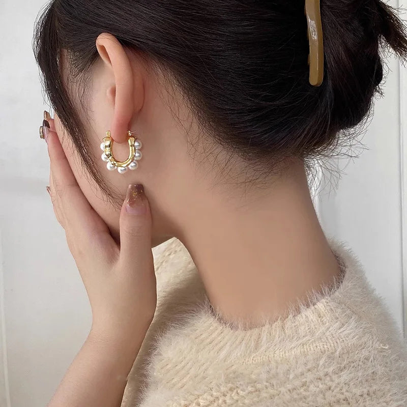 Stylish U-shaped Hoop Earrings Gold Color Elegant Imitation Pearl Earrings Wedding Party Girls Luxury Accessories Women's Gifts