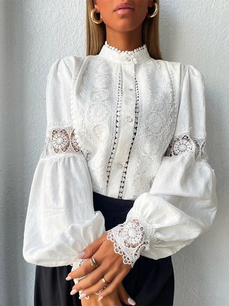 White Lace Blouses Women Elegant Solid Casual Lace and Button Hook Flower Hollow Puff Sleeves Blouse Top Lady Office Shirts