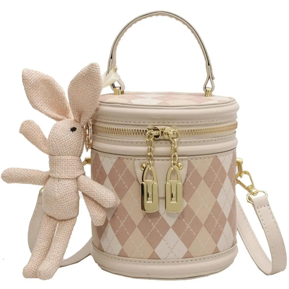 Vintage Bucket Handbag with Bunny Keychain